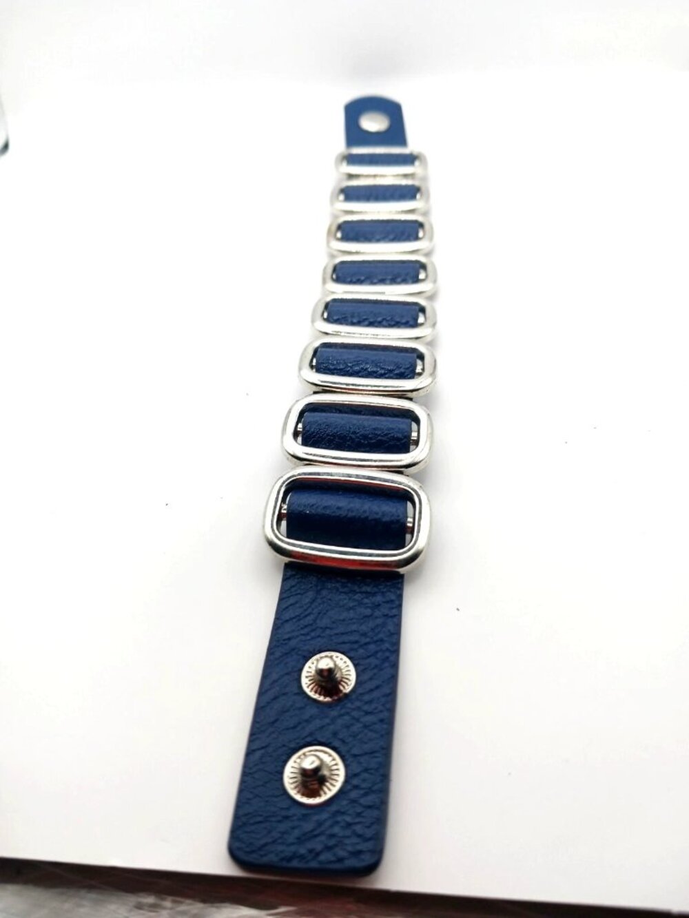 Blue Leather + Silvertone Multi Metal Buckle Bracelet 9 Inches